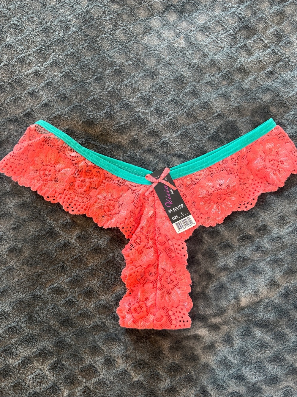 Lace Bikini Thong with Teal Trim - Coral Pink